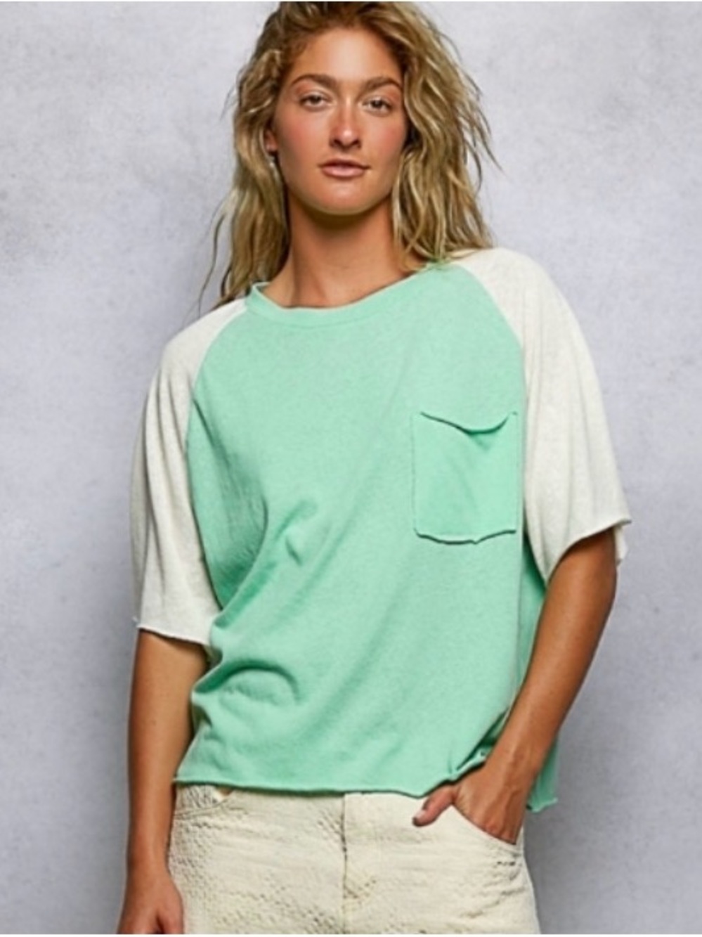 POL Mint Green Raglan Pocket Tee with Cream Sleeves